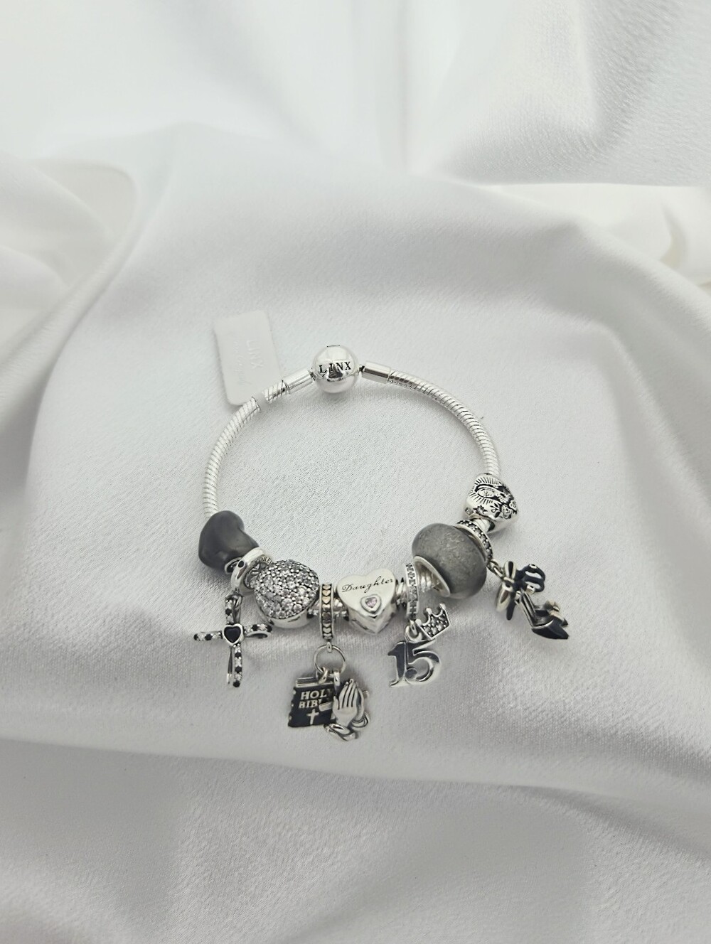 Linx Snake Chain Bracelet with Black Religious Quinceanera Charms